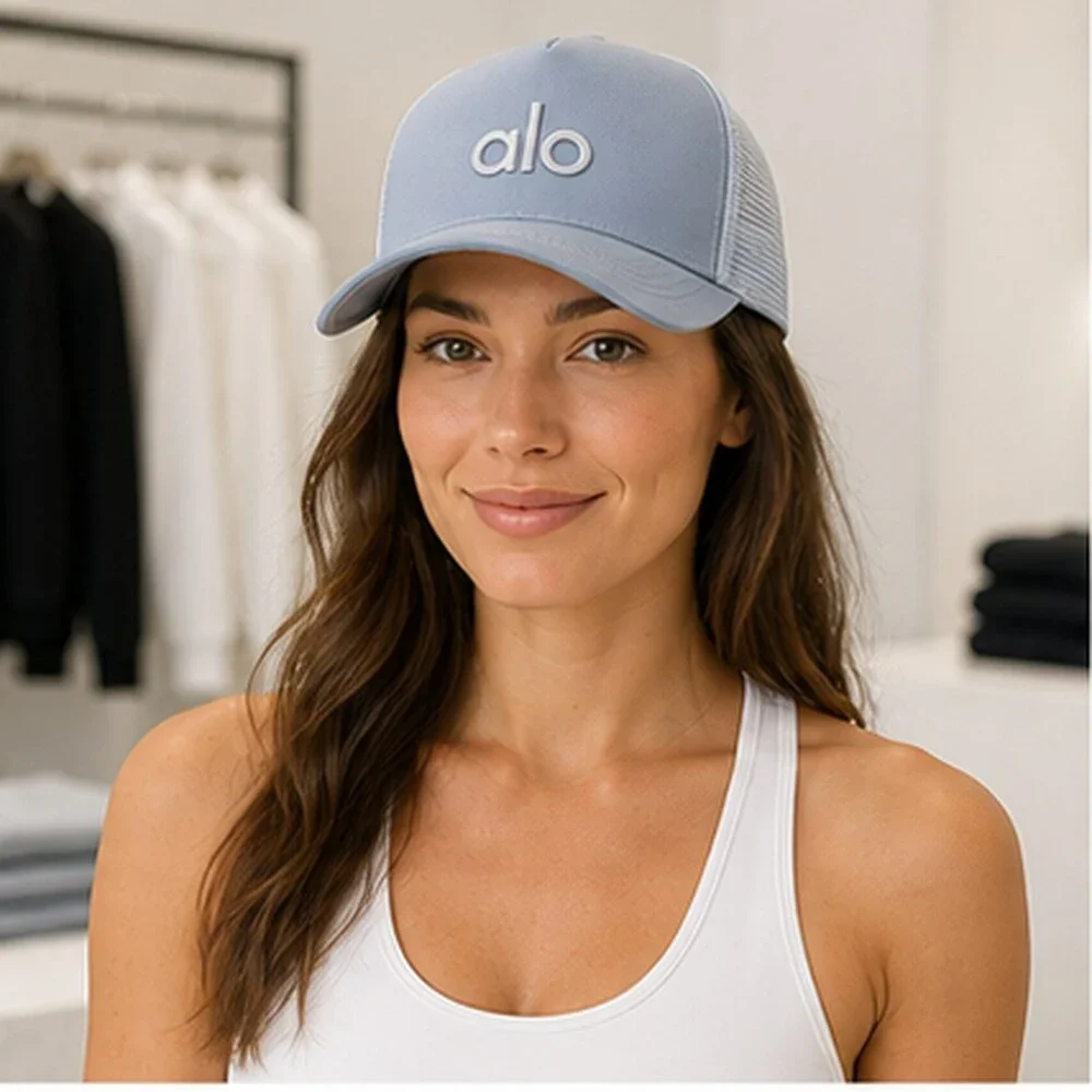 ALO Yoga Mist Blue Gray Boutique Mesh Trucker Cap Hat NWT